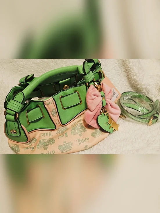 Nwt Juicy Couture Pink Fan club Green Leather Accent Shoulder Bag w Bow Charm - Picture 2 of 2